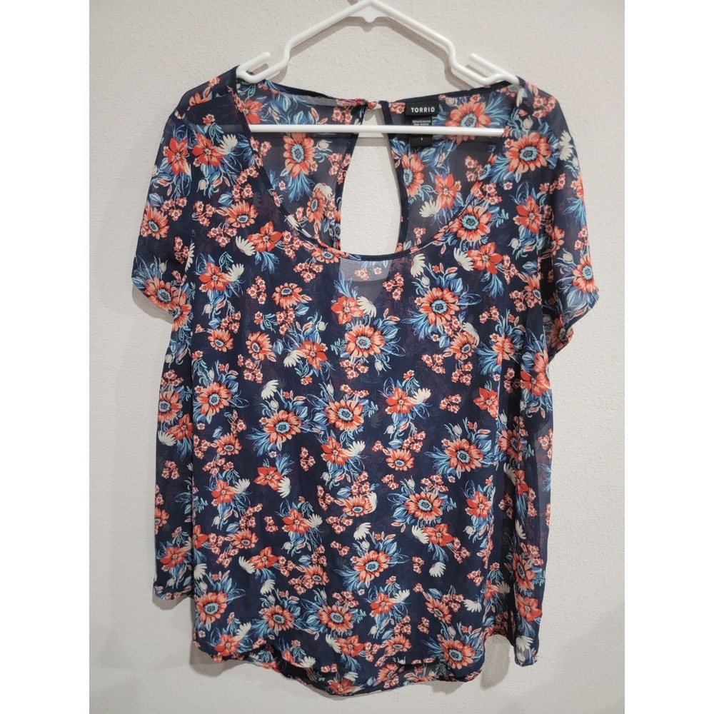 TORRID Top Women's 1 1X Blue‎ Floral Sheer Keyhole Back Cap Sleeve Blouse Top